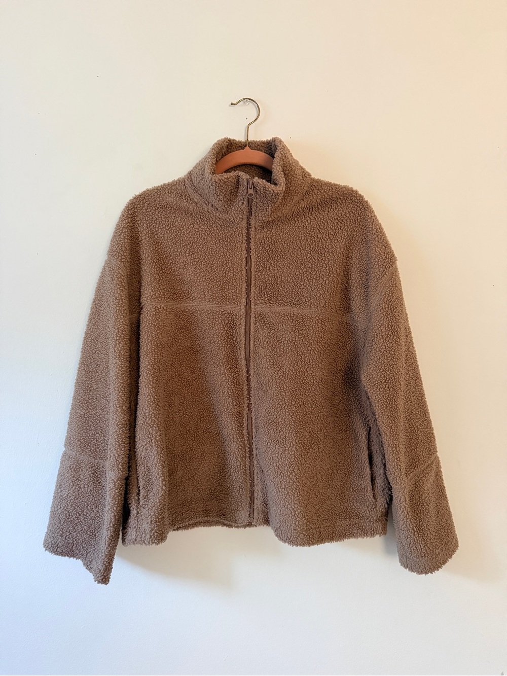 H&M Plush Teddy Zip Jacket in Taupe